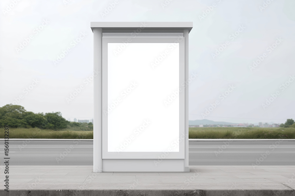 Poster empty bus stop mock up with blank advertisement space, surrounded by greenery and a road, providing 