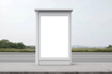 Empty bus stop mock up with blank advertisement space, surrounded by greenery and a road, providing an ideal setting for promotional content and creative designs
