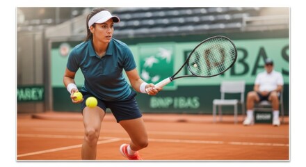 A professional female tennis player on a clay court, running to hit a forehand during a tournament match.