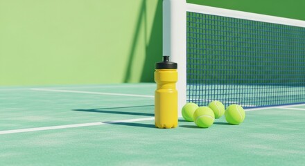 Tennis court essentials. A yellow sports drink bottle and a set of tennis balls lie on a green hard court next to the net post.