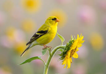 Yellow Finch on Sunflower Stem