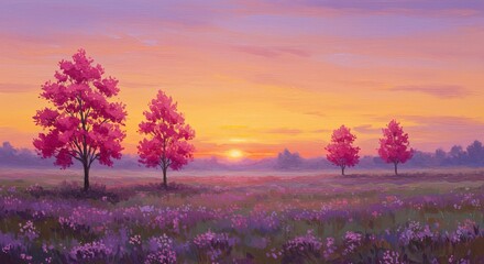 Pink Trees and Sunrise Landscape Painting

