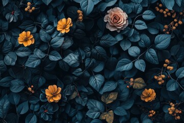 Obraz premium Roses and gold flowers with leaves on dark background. Perfect for backgrounds, cards or floral designs.