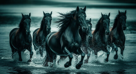 Black horses galloping through water, creating dynamic splashes, showcasing power, freedom, and untamed beauty, ideal for nature or wildlife themes