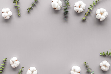 Flowers border with green eucalyptus branches and dry cotton flowers on grey background top view...
