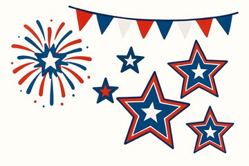 Festive Stars and Fireworks in Red, White, and Blue with a Bunting Banner, Perfect for Celebrating American Patriotism and Freedom on 4th of July Independence Day Background
