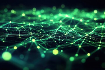 Fototapeta premium Green network of dots connected by lines, dark background. Represents data flow, connections, technology, and innovation.
