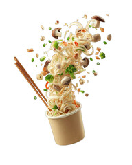 A disposable paper cup overflowing with noodles and mixed vegetables, chopsticks in foreground,  in a dynamic, high-angle, and vibrant composition