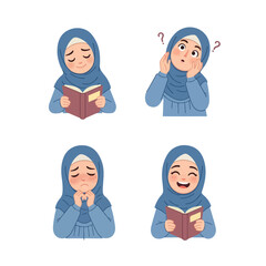 Four illustrations of a woman wearing a hijab, expressing different emotions while reading a book.