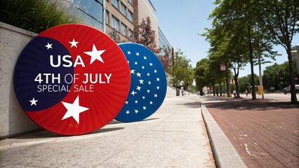 Patriotic 4th of July Sale Signs on a City Sidewalk for Independence Day