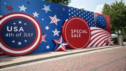 Patriotic 4th of July Special Sale Display with Stars and Stripes Decoration Outdoors