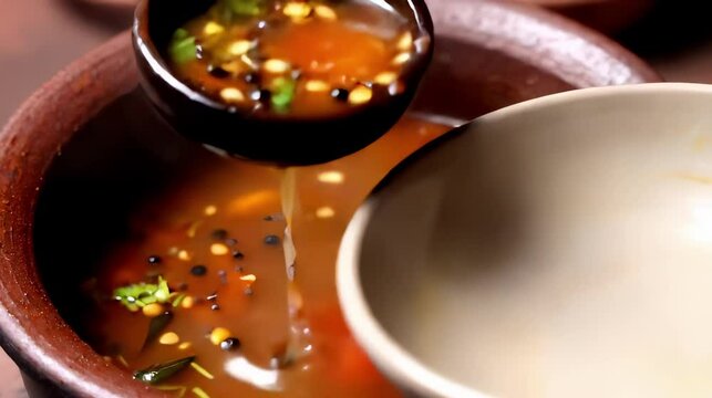 Delicious tomato rasam simmers in a traditional clay pot, showcasing vibrant flavors and authentic Indian cuisine.