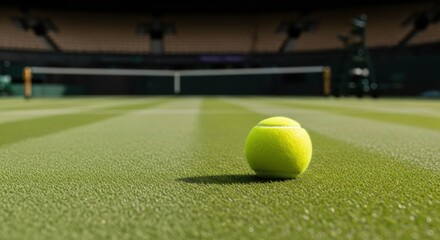 Awaiting the return. A close-up of a tennis ball on the pristine grass court of a stadium, with the net and grandstand blurred in the background.