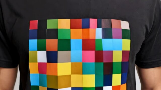 Torso of a person wearing black t-shirt with colorful squared pattern design on the chest against a neutral background studio shot