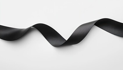 Black ribbon gracefully curves on white background
