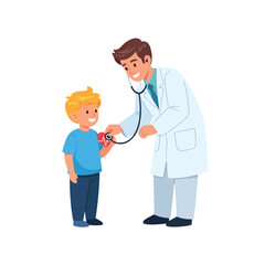 Smiling doctor using a stethoscope to examine a cheerful young boy's heart during a checkup.