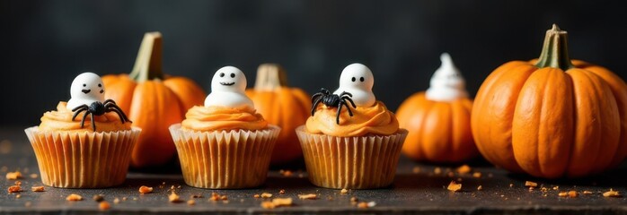 Halloween cupcakes decorated with ghost and spider toys along pumpkins