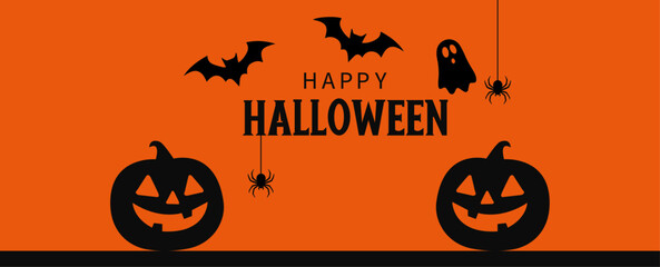 Vector Halloween Banner with Pumpkins, Bats, Ghost and Spiders