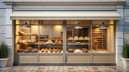 A charming bakery storefront is beautifully lit at night, showcasing an array of freshly baked breads and pastries