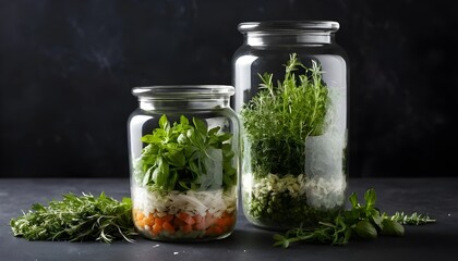 Glass Container Filled with Layered Fresh Herbs on a Dark Surface

