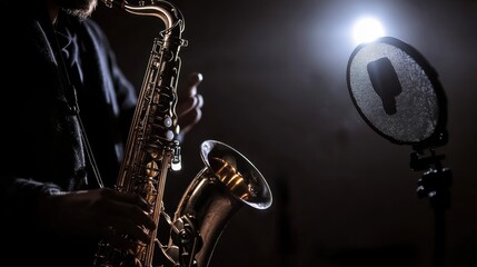 A musician playing a saxophone in a dark room with a microphone and a bright light behind it