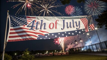 Celebratory Fourth of July Banner with Fireworks and American Flags at Night