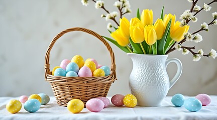 Easter eggs in a basket with yellow tulips and white flowers image