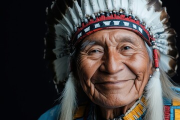 Native american chief wearing traditional headdress smiling gently
