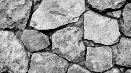 Obraz premium Rough grey stone wall texture in grayscale, a weathered, solid surface. Use for backgrounds, textures, or conveying stability and ruggedness.