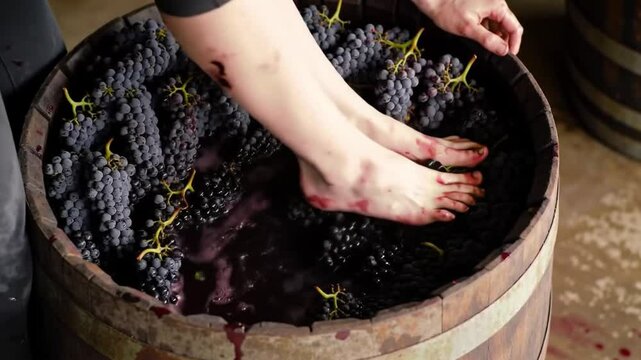 Traditional Grape Stomping in a Wooden Barrel