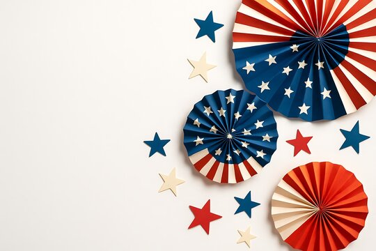 Festive decorations of red, white, and blue rosettes, stars, and ribbons arranged in a celebratory design for American Independence Day, perfect for 4th of July Independence Day background