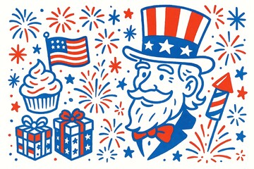 Obraz premium Playful sketch of patriotic symbols like fireworks, presents, cupcakes, and Uncle Sam for a fun and festive 4th of July celebration