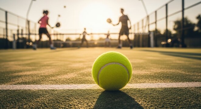 A close-up of a tennis ball on a court at sunset, with the silhouettes of people playing a friendly game of padel or tennis in the background. - Powered by Adobe