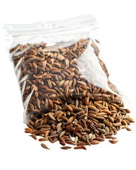 Caraway seeds in a plastic bag spilling out