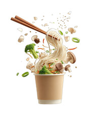 Paper cup of noodles with vegetables exploding out. Chopsticks reaching for noodles