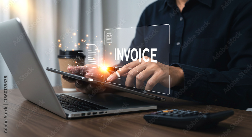 Poster a person using a laptop and tablet with an invoice graphic overlay and a calculator on the desk