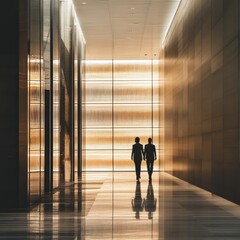 Fototapeta premium Two people walking in a modern building hallway with reflective floor and decorative wall panels