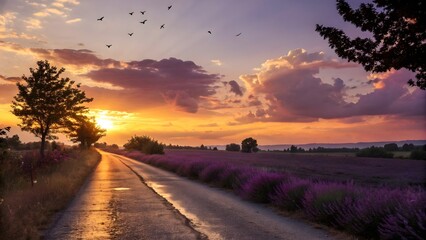 A scenic view of a lavender field at sunset with a road and birds flying in the sky above the field