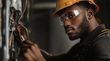 Skilled electrician working on electrical panel in industrial setting during daytime hours
