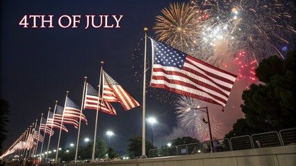 American Flags Waving with Fireworks Display on the Fourth of July Celebration at Night