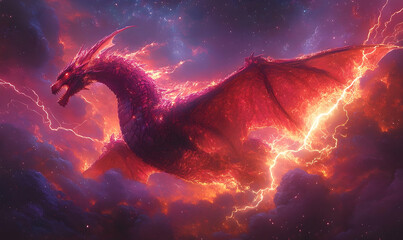 Fiery dragon soars through a stormy sky with lightning bolts, glowing with red and orange light amidst dark clouds