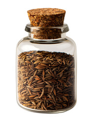 Caraway seeds in a glass jar with a cork top