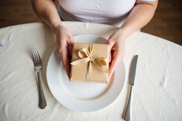 An elderly white woman is sitting at a table with a plate seen from above, holding a birthday gift box tied with a ribbon and bow. A fork and knife lie next to the plate on a lace tablecloth