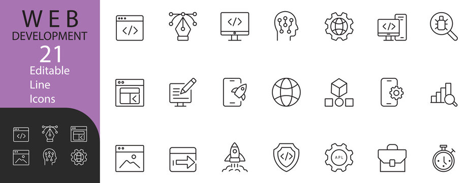Modern editable thin‑line icon set of 21 web development & SEO symbols &ndash; including code, browser, globe, rocket, gear & magnifier &ndash; perfect for apps, sites & dashboards.