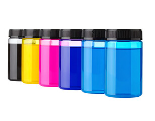 Colorful paint containers arranged in a row.