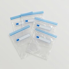 Set of transparent ziplock storage bags with blue label space, food-safe resealable packaging, organization and freezer storage solution, blank product mockup on white