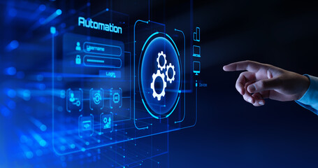 Hand Touching Automation Icon on Digital Interface. Business Process Automation concept