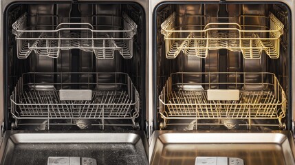 Before and after split shot of dishwasher interior cleaned with heavy-duty product