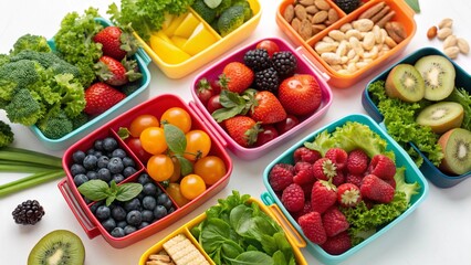 Colorful Bento Boxes Filled with Healthy Snacks on a White Surface for Meal Prep