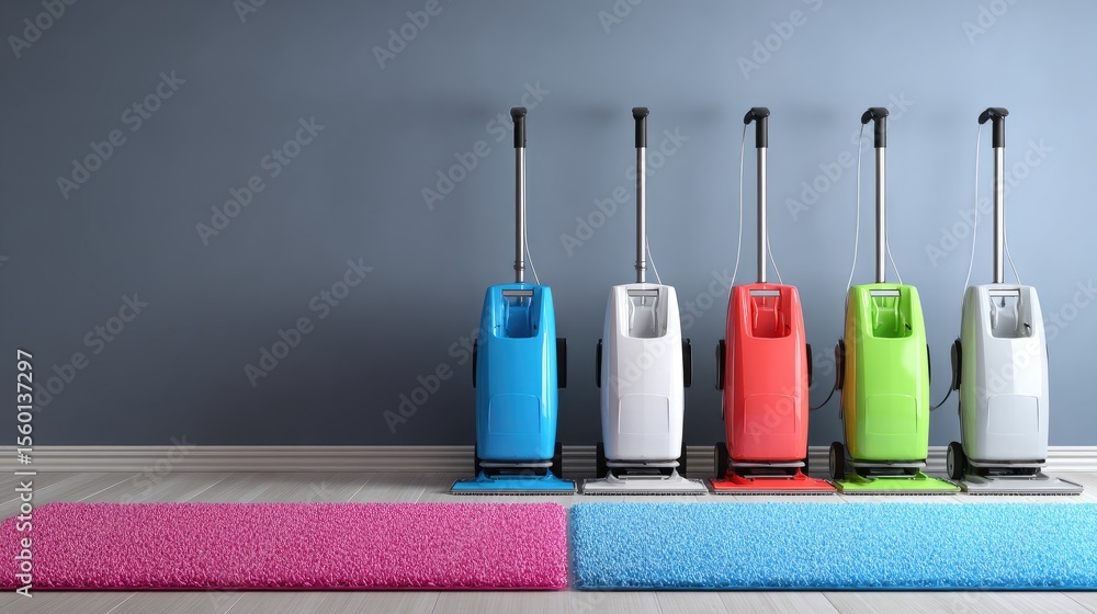 Poster carpet and floor cleaner with multiple attachments arranged neatly in service area